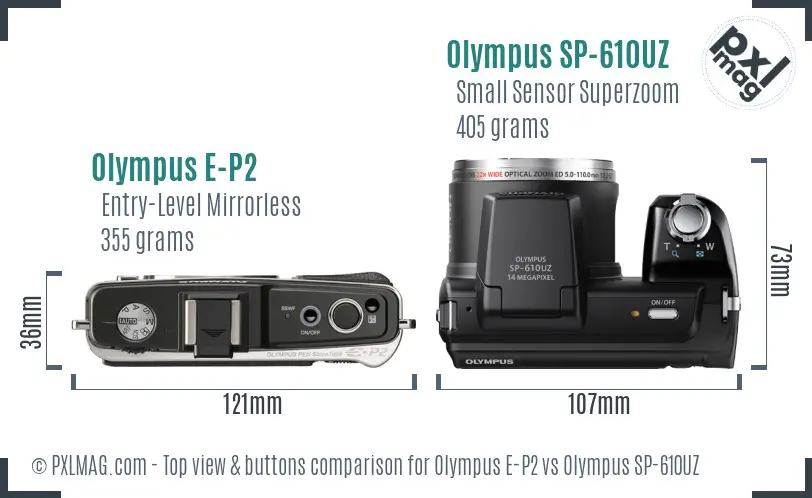 Olympus E-P2 vs Olympus SP-610UZ top view buttons comparison