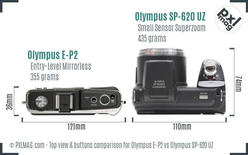 Olympus E-P2 vs Olympus SP-620 UZ top view buttons comparison