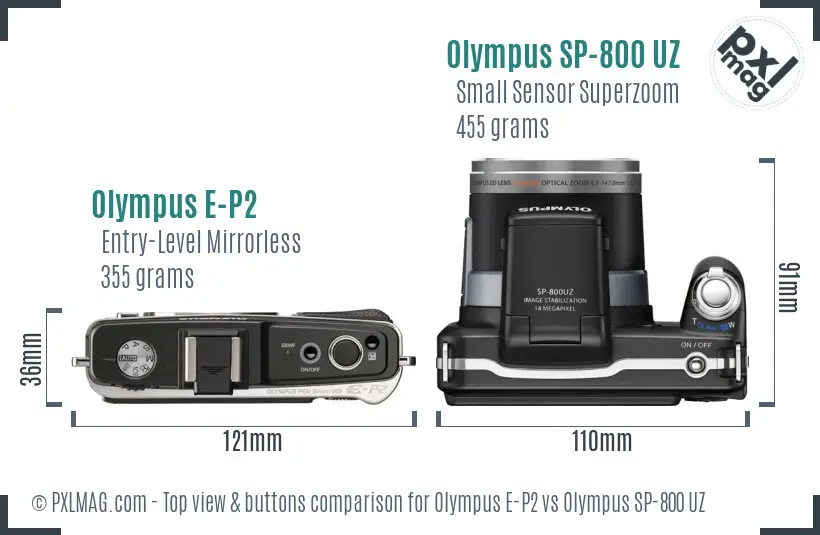 Olympus E-P2 vs Olympus SP-800 UZ top view buttons comparison