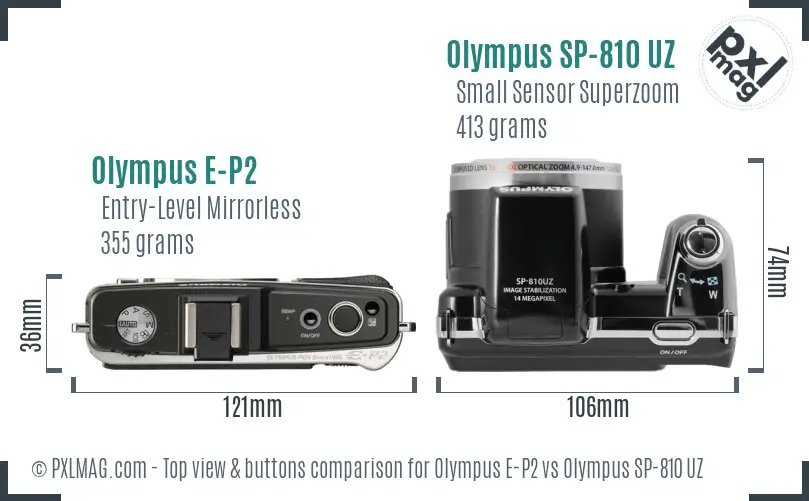 Olympus E-P2 vs Olympus SP-810 UZ top view buttons comparison