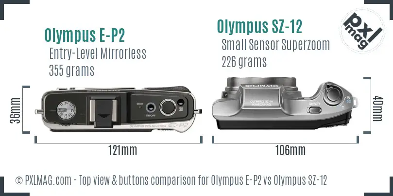 Olympus E-P2 vs Olympus SZ-12 top view buttons comparison