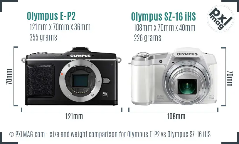 Olympus E-P2 vs Olympus SZ-16 iHS size comparison