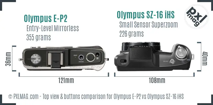Olympus E-P2 vs Olympus SZ-16 iHS top view buttons comparison
