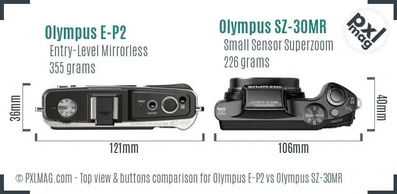 Olympus E-P2 vs Olympus SZ-30MR top view buttons comparison