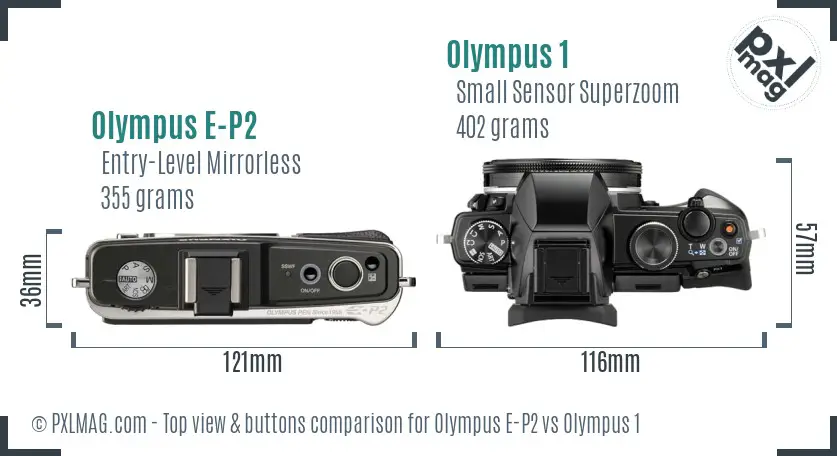 Olympus E-P2 vs Olympus 1 top view buttons comparison