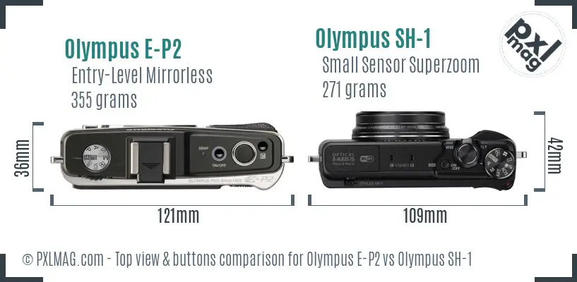 Olympus E-P2 vs Olympus SH-1 top view buttons comparison