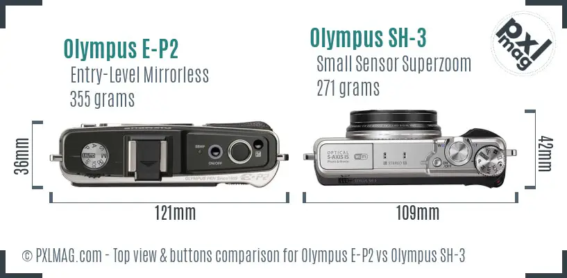 Olympus E-P2 vs Olympus SH-3 top view buttons comparison