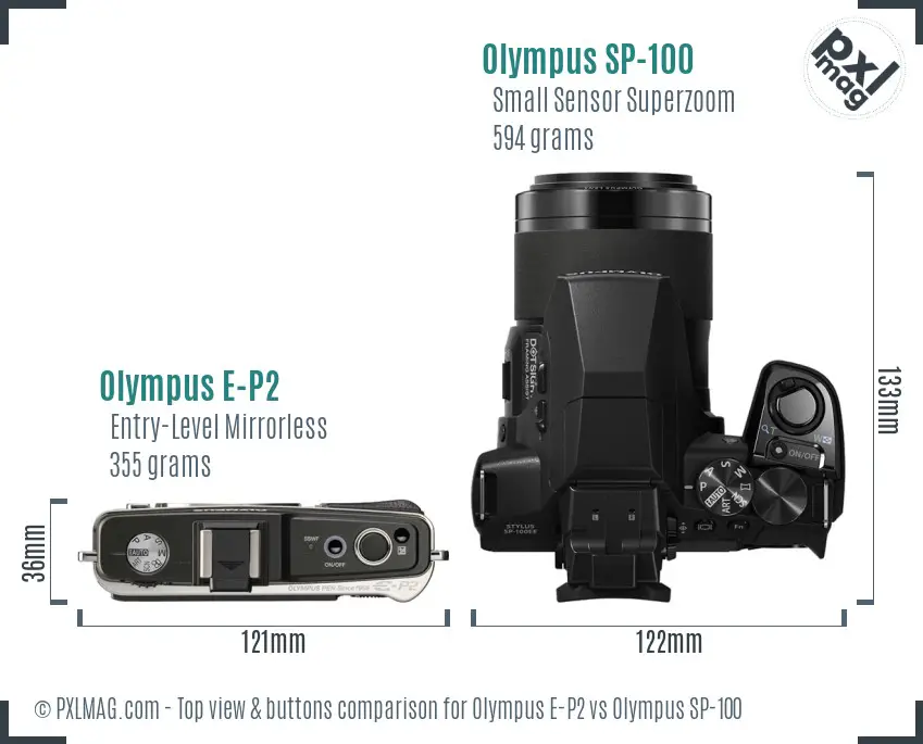 Olympus E-P2 vs Olympus SP-100 top view buttons comparison