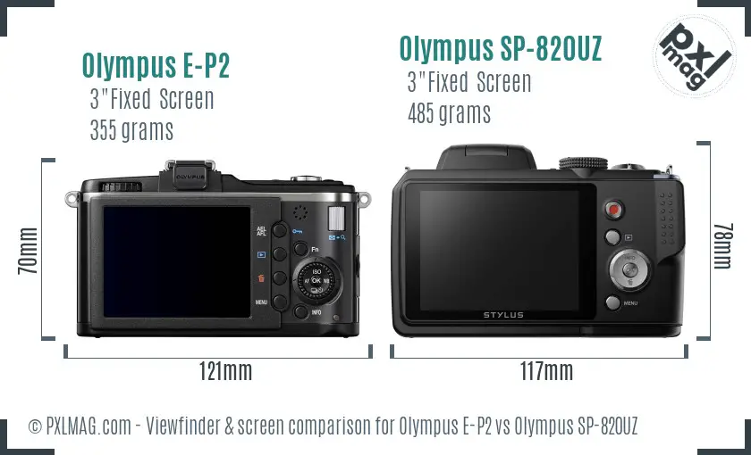 Olympus E-P2 vs Olympus SP-820UZ Screen and Viewfinder comparison