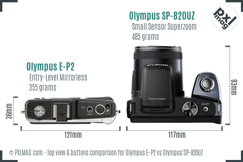 Olympus E-P2 vs Olympus SP-820UZ top view buttons comparison