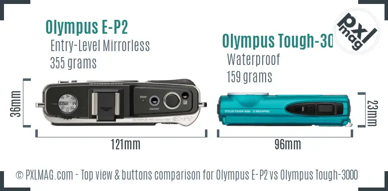 Olympus E-P2 vs Olympus Tough-3000 top view buttons comparison