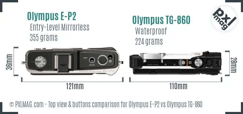 Olympus E-P2 vs Olympus TG-860 top view buttons comparison