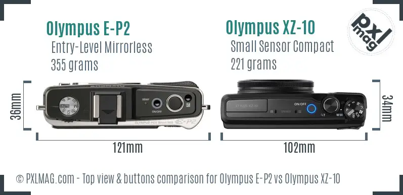 Olympus E-P2 vs Olympus XZ-10 top view buttons comparison