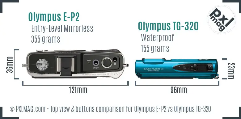 Olympus E-P2 vs Olympus TG-320 top view buttons comparison