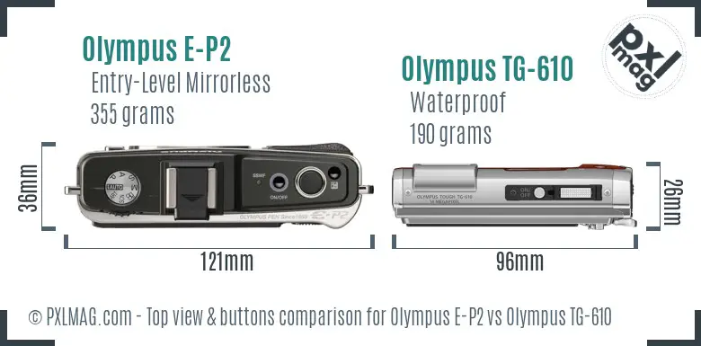 Olympus E-P2 vs Olympus TG-610 top view buttons comparison