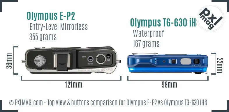 Olympus E-P2 vs Olympus TG-630 iHS top view buttons comparison