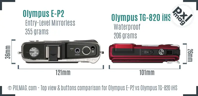 Olympus E-P2 vs Olympus TG-820 iHS top view buttons comparison