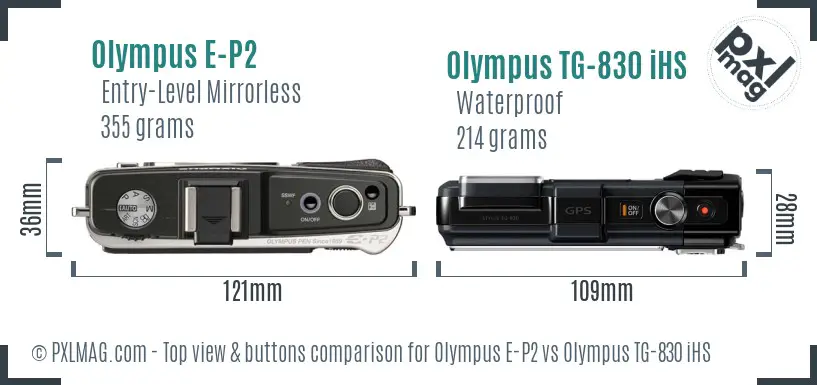 Olympus E-P2 vs Olympus TG-830 iHS top view buttons comparison