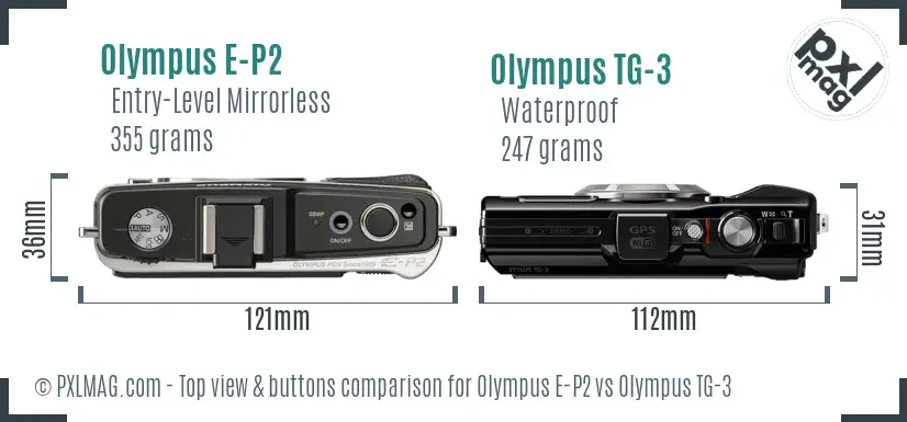 Olympus E-P2 vs Olympus TG-3 top view buttons comparison