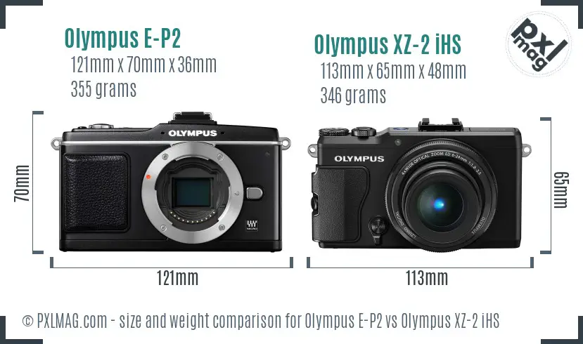 Olympus E-P2 vs Olympus XZ-2 iHS size comparison