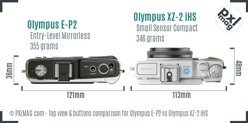 Olympus E-P2 vs Olympus XZ-2 iHS top view buttons comparison