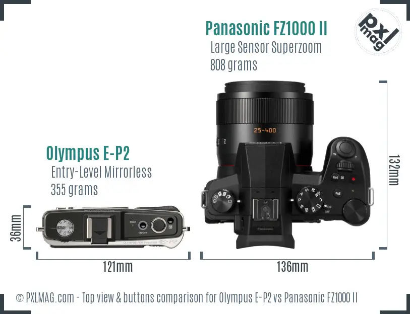 Olympus E-P2 vs Panasonic FZ1000 II top view buttons comparison