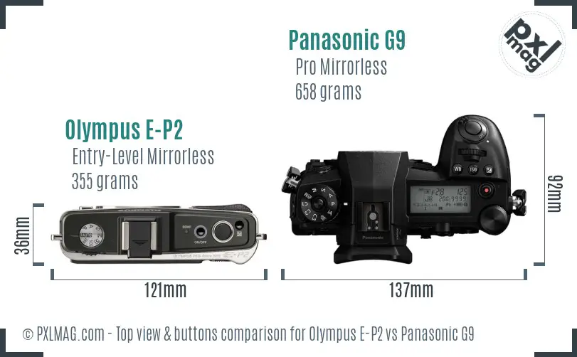 Olympus E-P2 vs Panasonic G9 top view buttons comparison