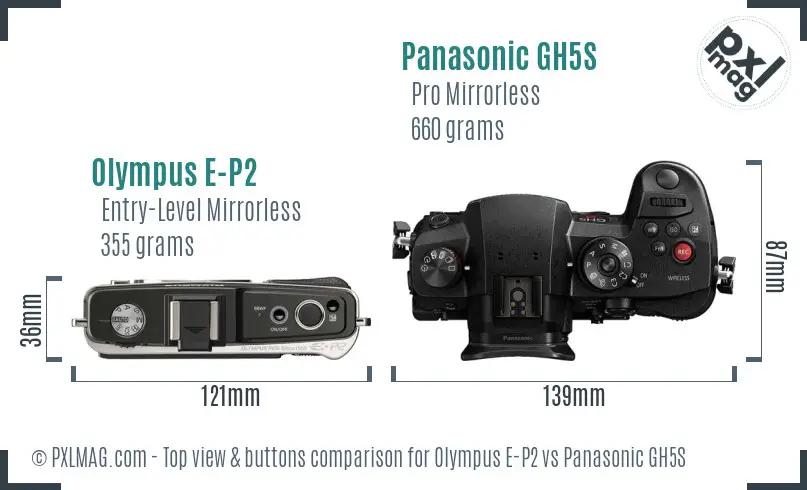 Olympus E-P2 vs Panasonic GH5S top view buttons comparison