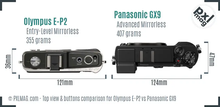 Olympus E-P2 vs Panasonic GX9 top view buttons comparison