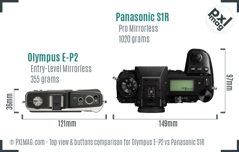 Olympus E-P2 vs Panasonic S1R top view buttons comparison