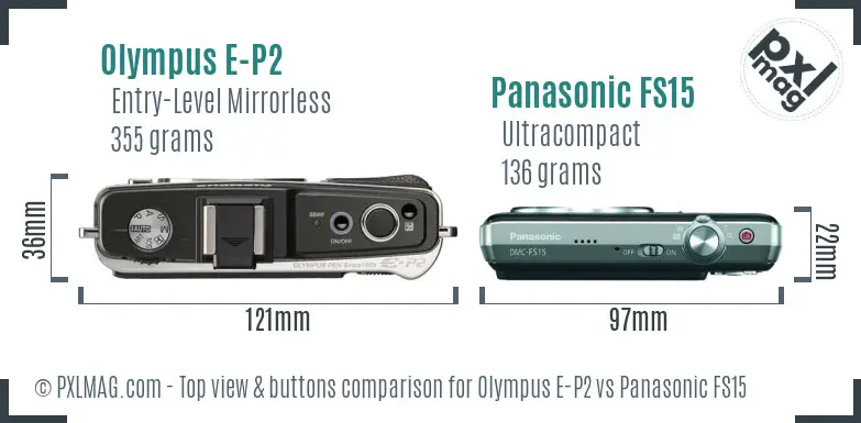 Olympus E-P2 vs Panasonic FS15 top view buttons comparison