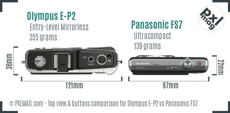 Olympus E-P2 vs Panasonic FS7 top view buttons comparison