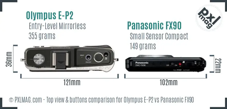 Olympus E-P2 vs Panasonic FX90 top view buttons comparison