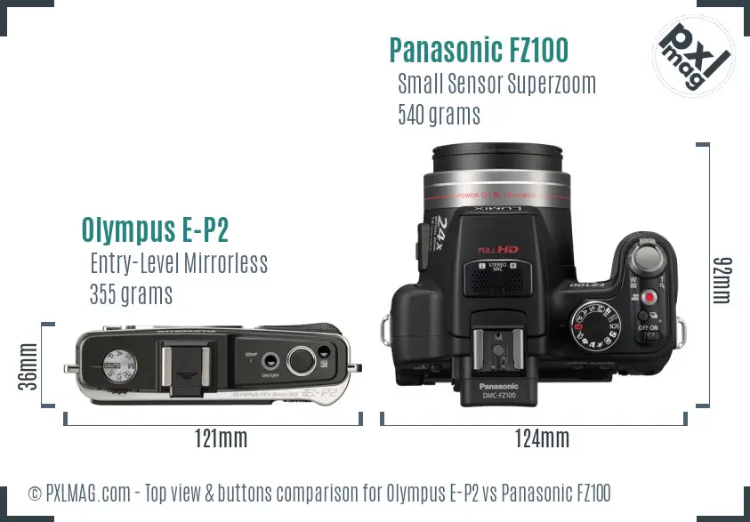 Olympus E-P2 vs Panasonic FZ100 top view buttons comparison