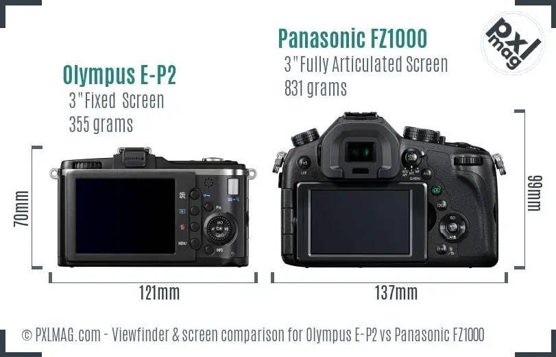Olympus E-P2 vs Panasonic FZ1000 Screen and Viewfinder comparison