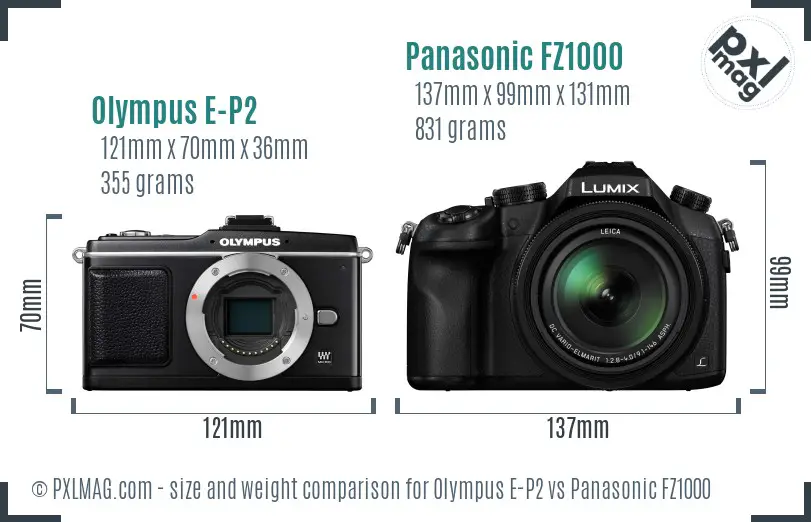 Olympus E-P2 vs Panasonic FZ1000 size comparison