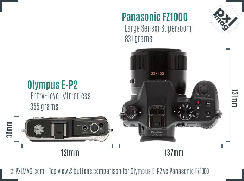 Olympus E-P2 vs Panasonic FZ1000 top view buttons comparison