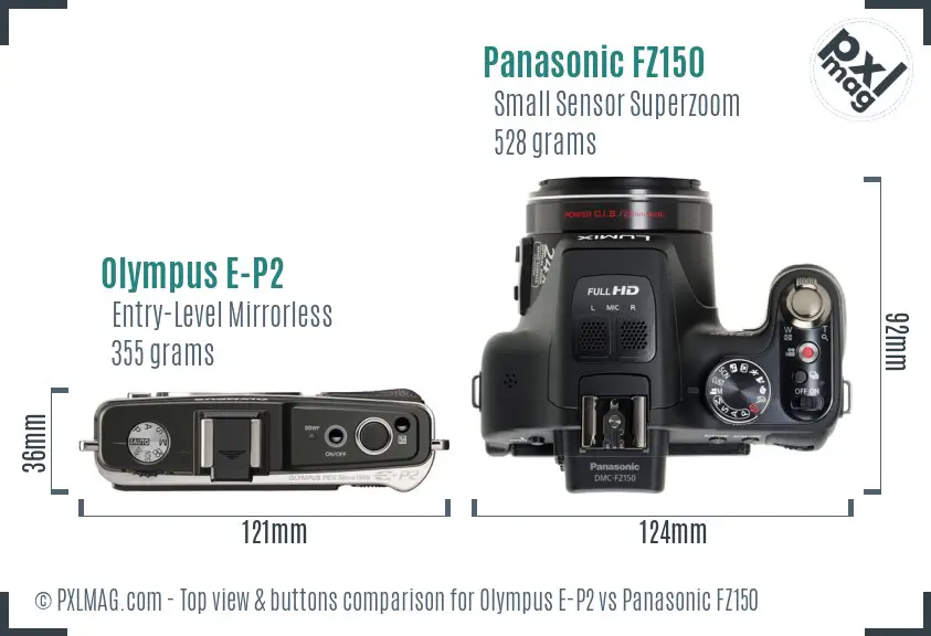 Olympus E-P2 vs Panasonic FZ150 top view buttons comparison