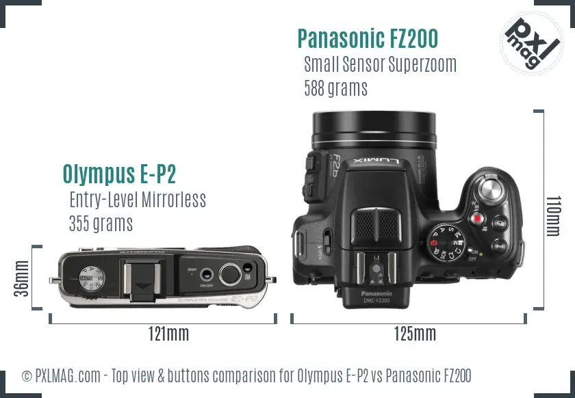 Olympus E-P2 vs Panasonic FZ200 top view buttons comparison