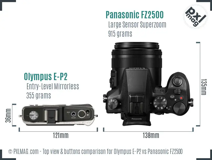 Olympus E-P2 vs Panasonic FZ2500 top view buttons comparison