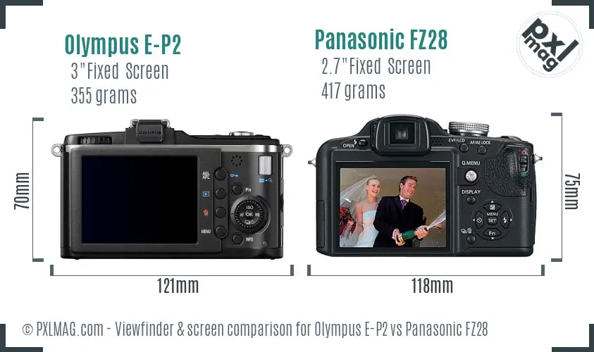 Olympus E-P2 vs Panasonic FZ28 Screen and Viewfinder comparison