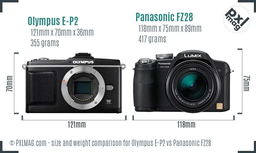 Olympus E-P2 vs Panasonic FZ28 size comparison