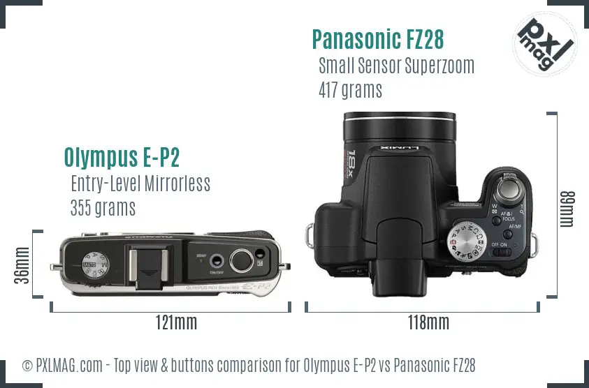 Olympus E-P2 vs Panasonic FZ28 top view buttons comparison