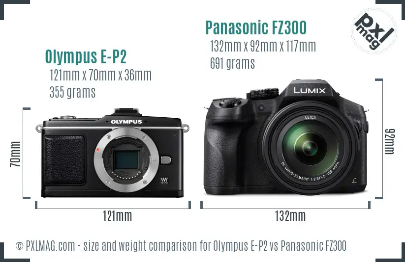 Olympus E-P2 vs Panasonic FZ300 size comparison