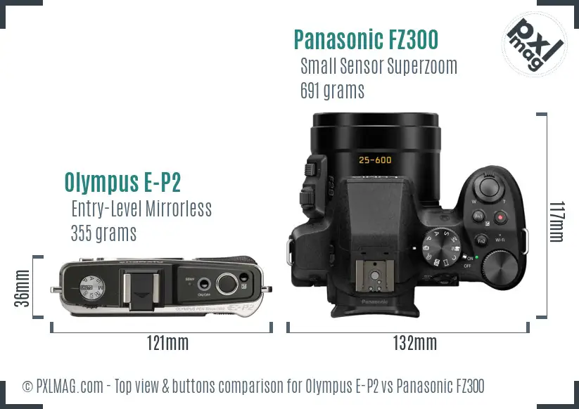 Olympus E-P2 vs Panasonic FZ300 top view buttons comparison