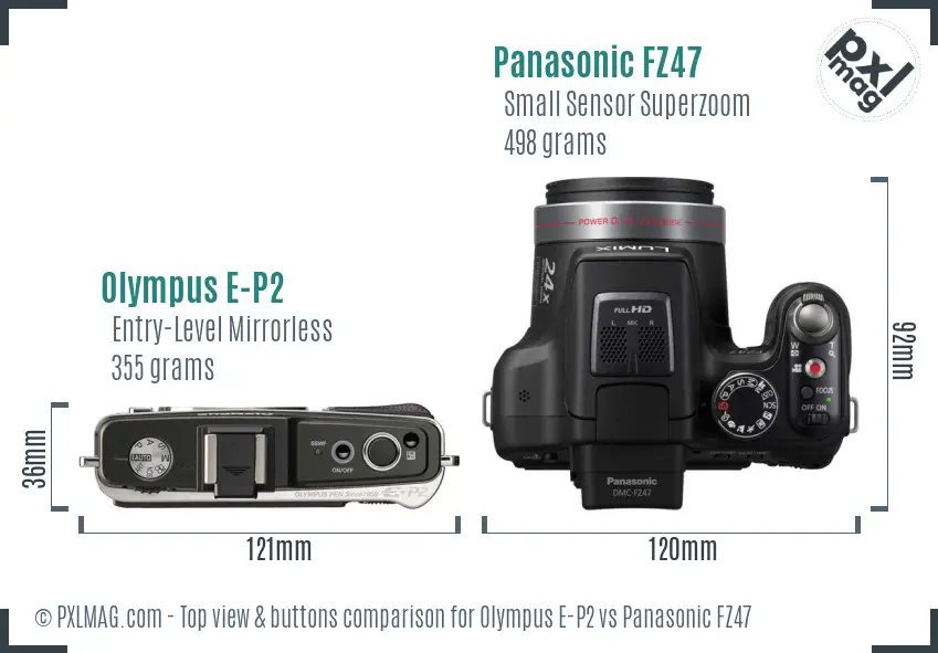 Olympus E-P2 vs Panasonic FZ47 top view buttons comparison