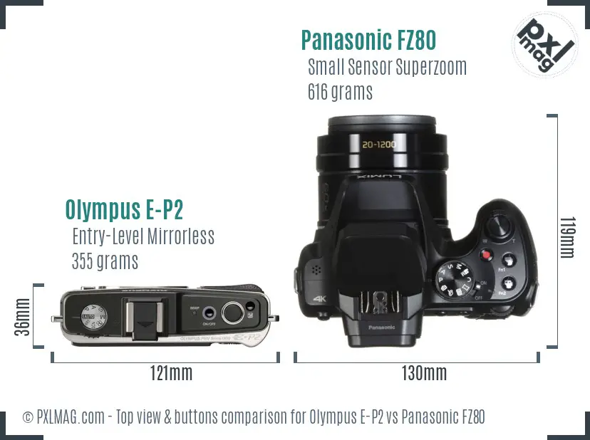 Olympus E-P2 vs Panasonic FZ80 top view buttons comparison