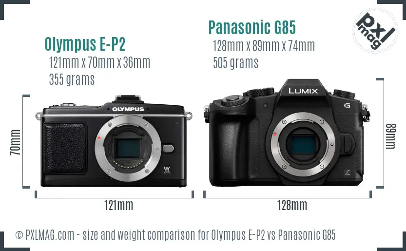 Olympus E-P2 vs Panasonic G85 size comparison