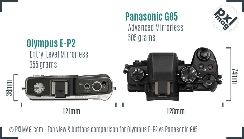 Olympus E-P2 vs Panasonic G85 top view buttons comparison
