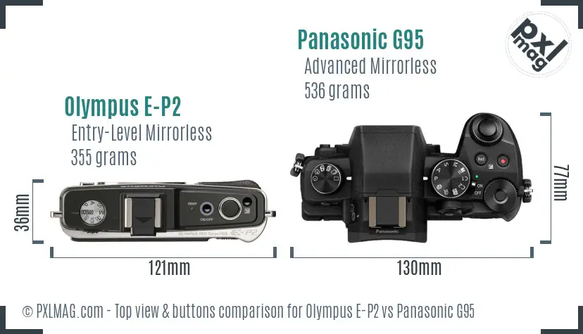 Olympus E-P2 vs Panasonic G95 top view buttons comparison